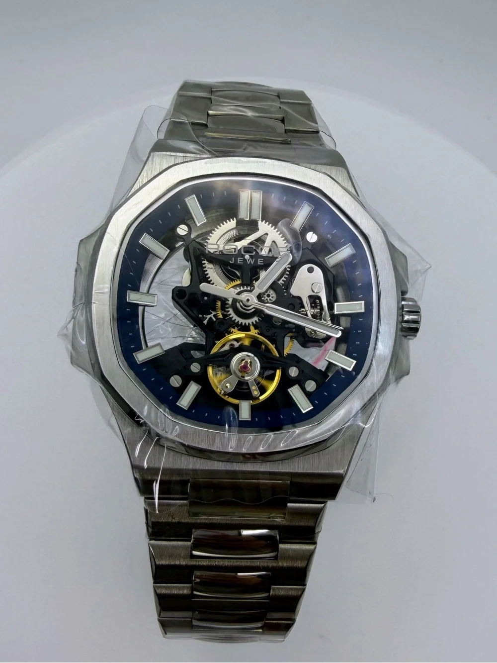 Men's Automatic Skeleton Watch in Blue and Silver